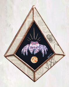 Printed image only - Pink jumping spider on black background (diamond shape), with border of piece vintage book inclusions showing words and poppy illustration. On light white/grey iridescent background. 8x10" reproduction giclée print of Jumping Spider + Vintage Poppy floral encyclopedia pages, with a 1.25" deckled edge border.