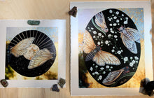 Load image into Gallery viewer, Comparison of two prints - Sun Moon cicada and Life Cycle cicada. Sun moon is smaller by comparison. Two cicadas painted within a circle shape. Cicadas are bisected down center and each is facing the opposite direction. Black background with gold paint showing sunburst on one half and stars on the second half. Gold background that reflects the mirror used the original artwork. 8x8&quot; reproduction giclée print of Sun | Moon Cicada with a 1.25&quot; deckled edge border
